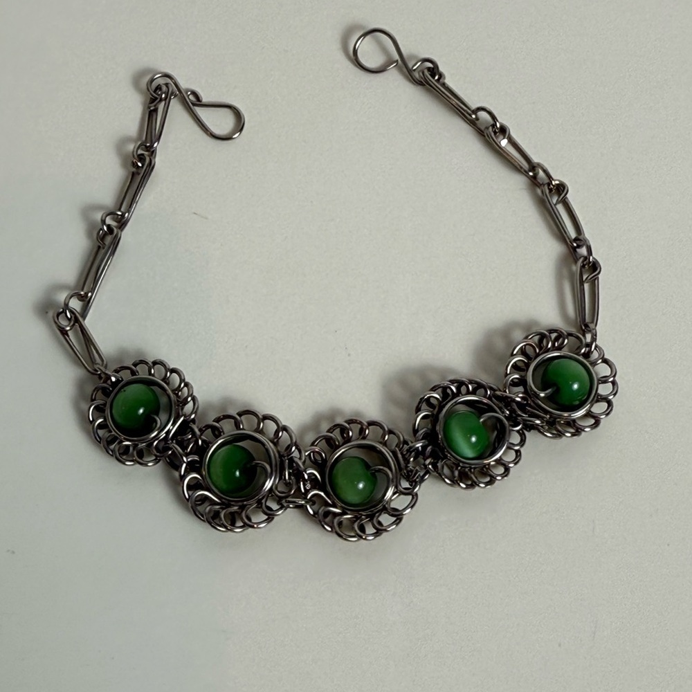 Vintage Silver-Tone Green Cabochon Link Bracelet